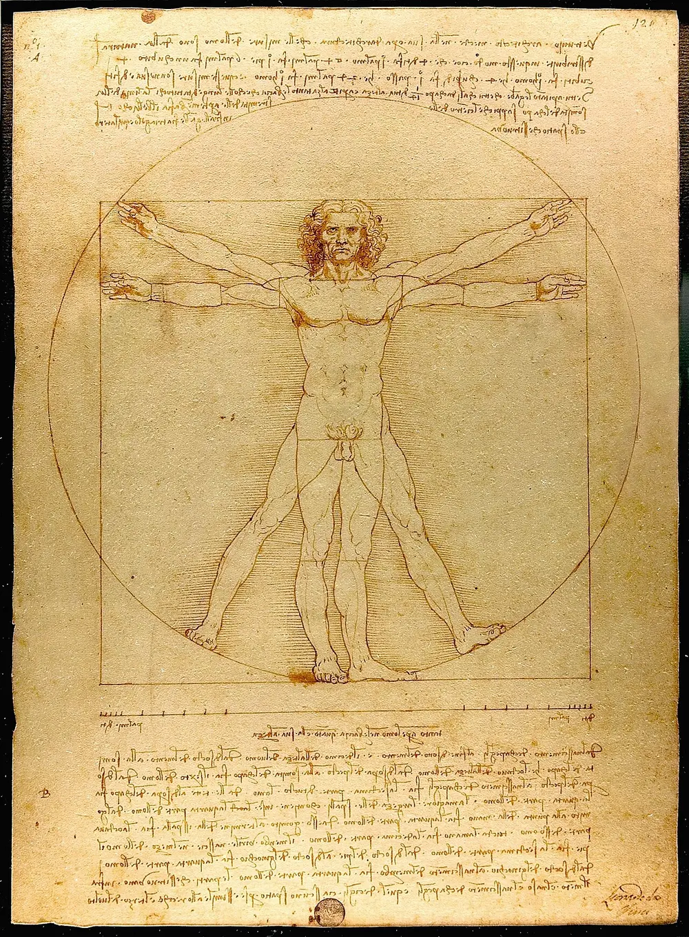 An ink drawing of a nude man with arms and legs in two positions at once, fitted inside both a circle and a square, with mirror-written notes above and below.
