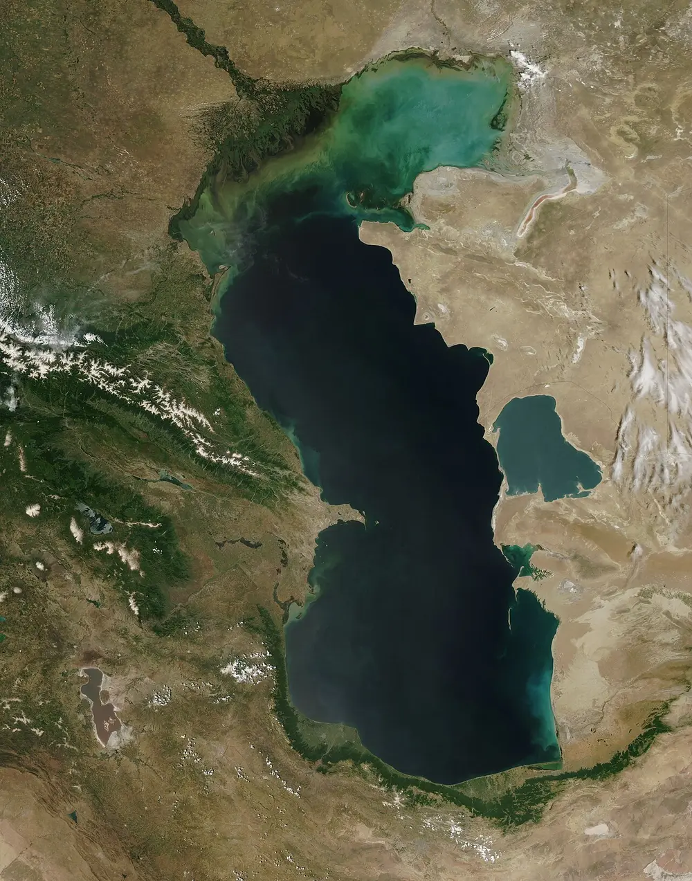 A satellite photo of a large, dark, roughly S-shaped body of water surrounded by brown and green land, with snowy mountains on the left.