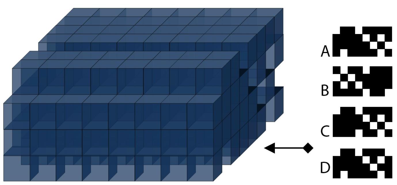 From a 3-dimensional structure made of cubes, eight rows of cubes have been removed as shown below. Select the correct pattern that will emerge from the side shown with an arrow.