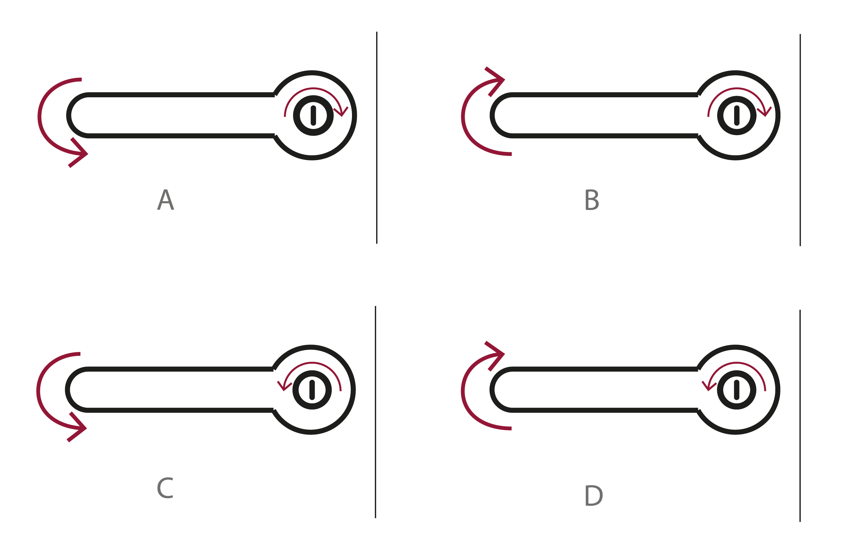 A door is unlocked by inserting and turning the key and opened by turning the handle. The options show the directions of turning the key and the handle. Which of the four options is ergonomically appropriate for the majority of users?