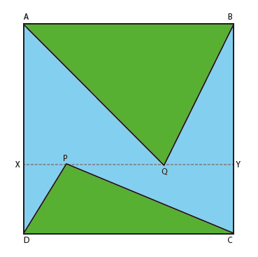 In the square ABCD, line XY is drawn parallel to the base as shown in the figure below. P and Q are any two arbitrary points on XY, forming triangles ABQ and CDP. What fraction of the area of the square is the total green shaded area?