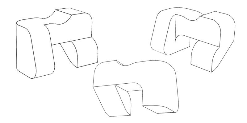 Shown below are three views of the same solid. Count the number of edges.
