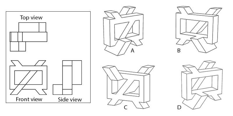 Shown in the box are the orthographic views of a 3D object. Which option represents that object?