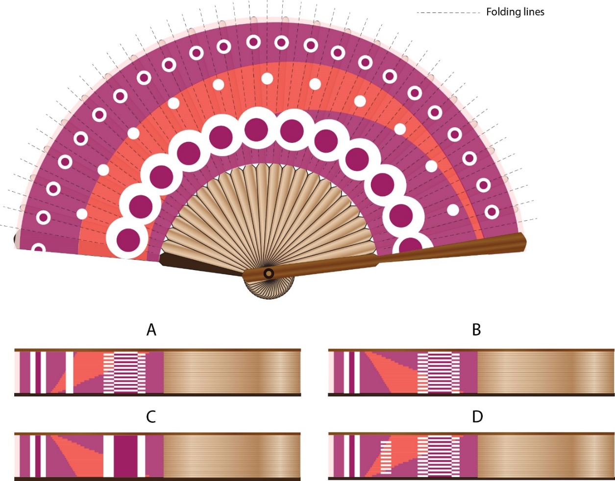 A folding fan shown in the image is made of bamboo and paper painted on one side. Which option is the closest representation of the same fan in the folded position? (dotted lines indicate the folds)