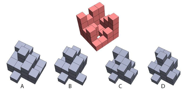 Which of the options, when combined with block shown on top, will result in perfect 4x4x4 cube?