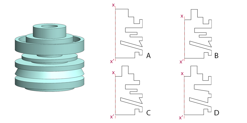 Which of the options will result in the form shown on the left, when revolved around x-x' axis?