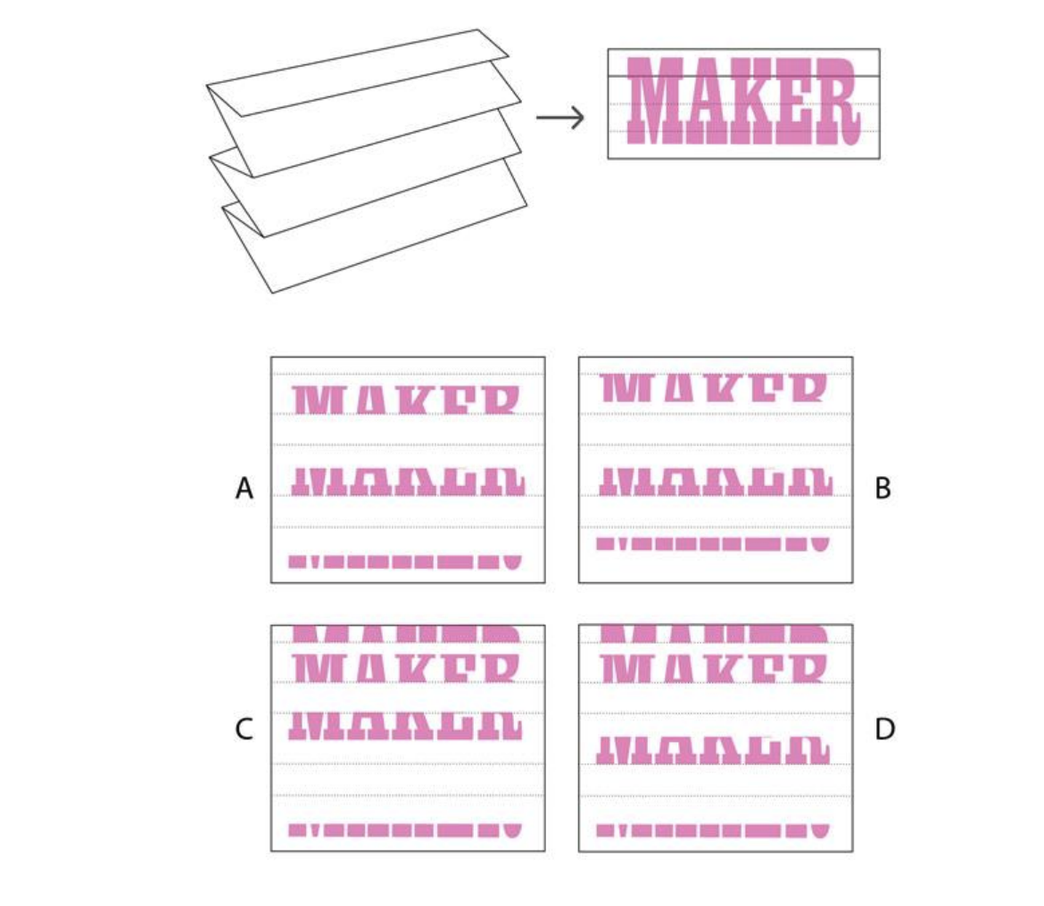 A sheet of paper is folded as shown. Then the word 'MAKER' is written on the folded paper. Which option correctly represents the unfolded paper?