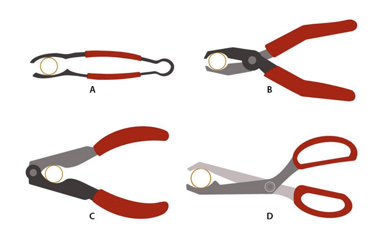 Image below shows four configurations for designing a nut cracker. Which option would require least amount of pressure to break the nut?