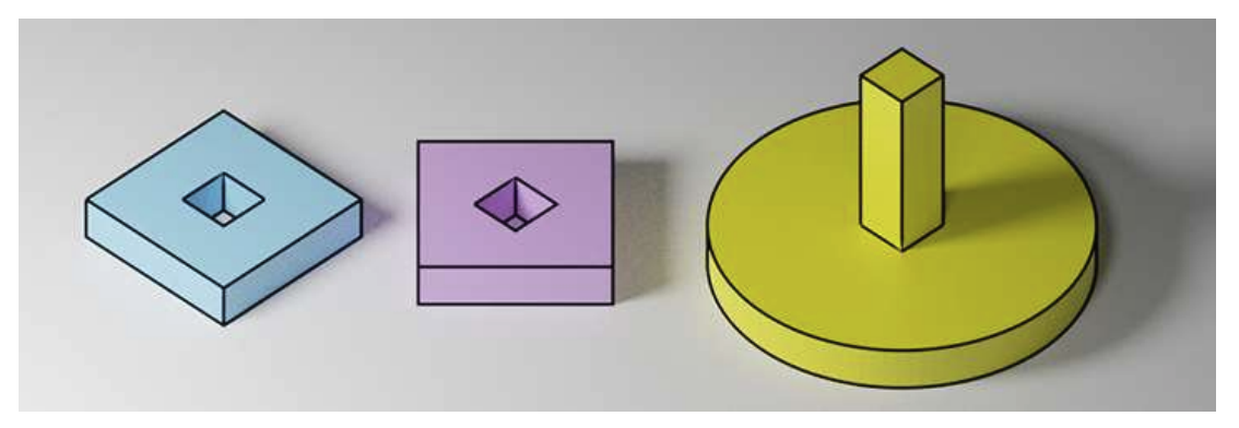 The two objects on the left have a height of 1 cm and sides of 4 cm. The yellow object on the right has a total height of 5 cm. The cylindrical base of the yellow object has a diameter of 6 cm and a height of 1 cm. The two objects on the left are to be stacked on the yellow object on the right. After all the objects are stacked together, how many outer surfaces will the resulting structure have?