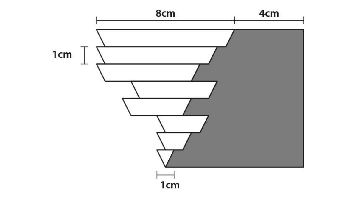 Shown below is a configuration of an isosceles triangle sliced into eight parts, each of the same height. While the first and last parts of the triangle remain fixed, the remaining parts have been displaced horizontally, by multiples of 0.5 cm. What is the area of the grey portion?