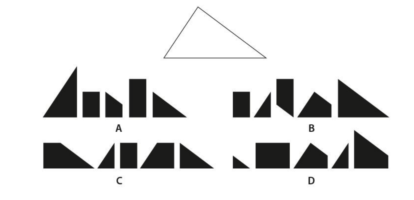 Shown below is an empty triangle which is to be filled using five tiles. Which option(s) will exactly fill this triangle when all tiles are used? Scaling, Repeating, and Flipping of tiles is not allowed; while rotation is allowed.
