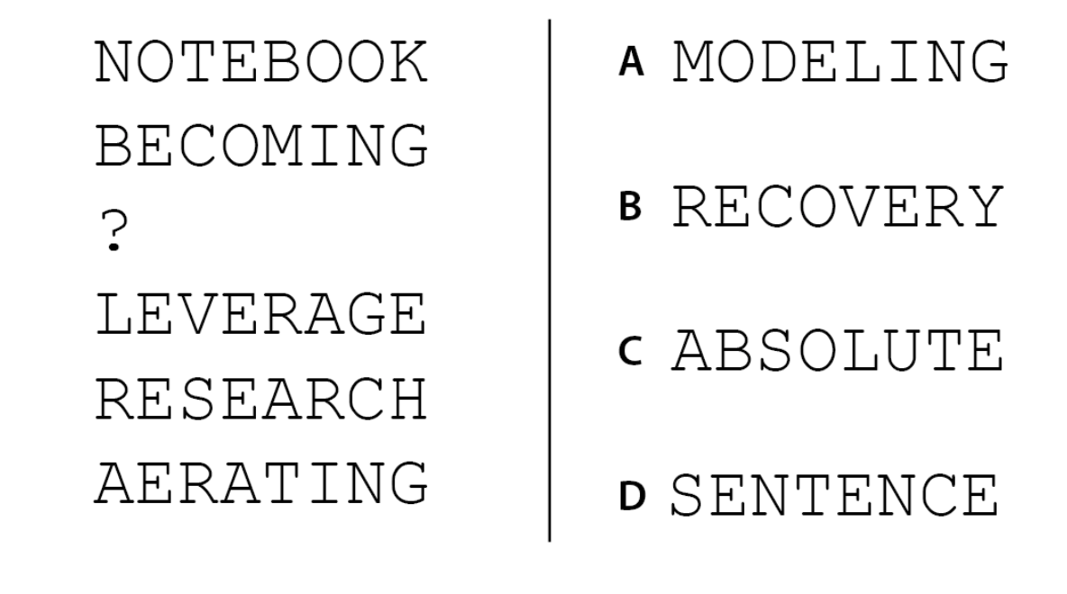 Shown on the left is a list of words: NOTEBOOK, BECOMING, ?, LEVERAGE, RESEARCH, AERATING. Which option will replace the question mark?