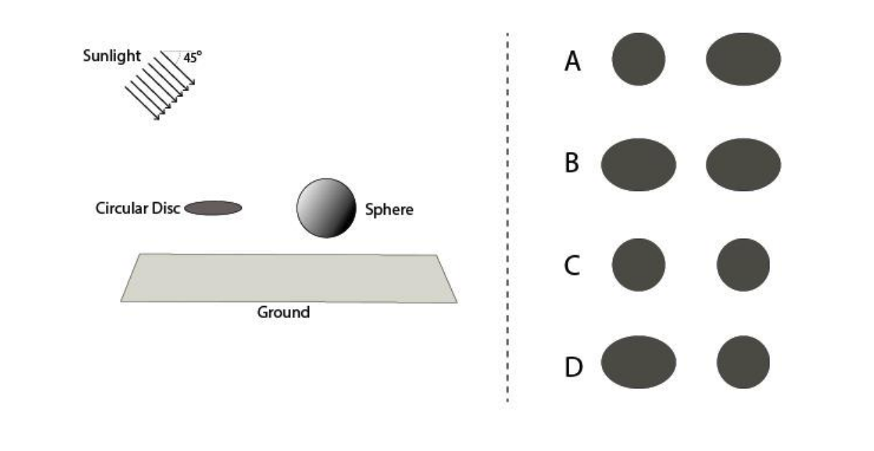 A circular disc and a sphere of the same diameter are floating above the ground. The circular disc is parallel to the ground. Which option shows the CORRECT set of shadows on the ground when seen from the top? Sunlight falls at 45 degrees.
