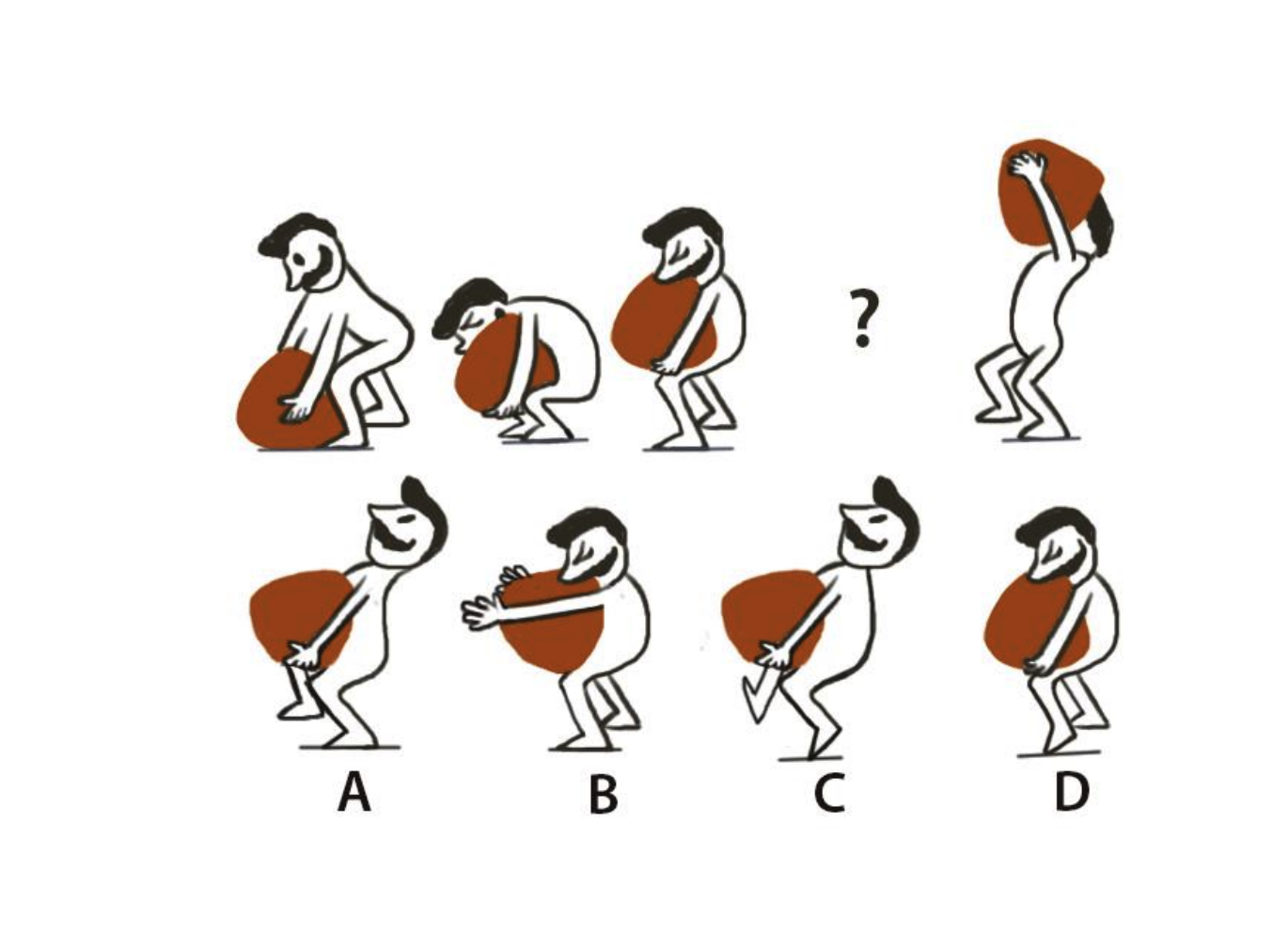 Shown below are the key frames of a character lifting a sack. Which option will replace the question mark?