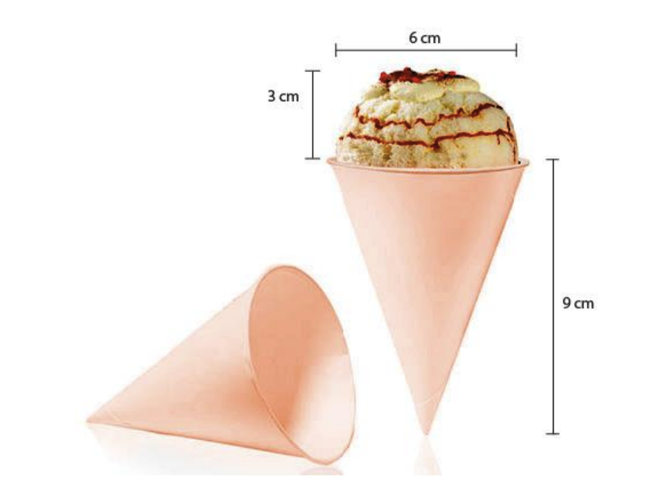 Shown below is an ice-cream cone completely filled with ice-cream. Assume the top portion (visible portion of ice-cream) is a perfect hemisphere. What is the total mass of the ice-cream in grams? The density of ice-cream = 0.9 grams/cubic centimeter. Consider the value of π = 3.14.