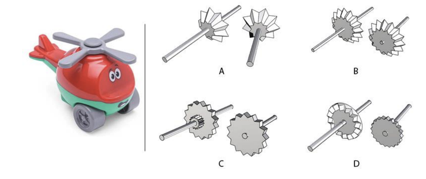 A toy is shown on the left. When the wheels of this toy rotate, the fan is also required to spin. If one pair of gears is to be used exclusively, which option will make this possible?