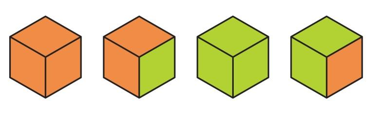 A 12cm x 12cm x 12cm wooden cube is painted and its four views are shown below. This cube is sliced into 64 smaller equal sized cubes of 3cm x 3cm x 3cm. How many of these small cubes will have exactly one green face and exactly one orange face in the same cube?