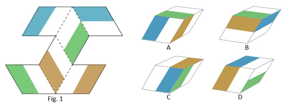 Figure 1 shows an unfolded view of a box. The dotted lines depict the folding lines. The options show four fully folded boxes. Identify the box(es) that can be unfolded as figure 1?