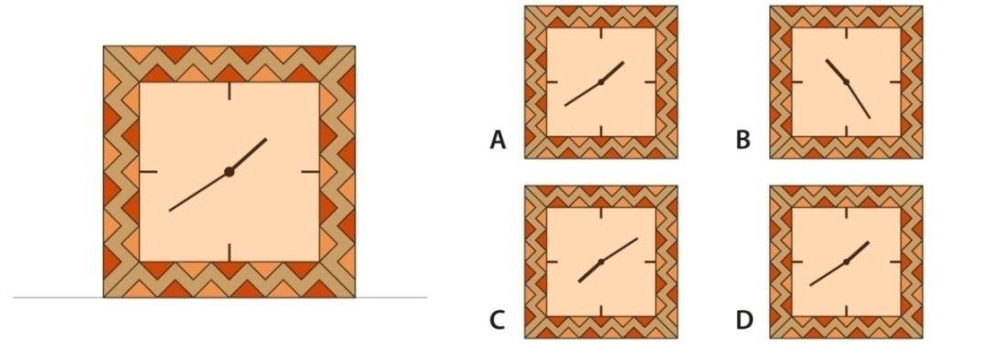 A naughty kid plays with a clock kept on a table as shown below. She changes the hour and minute hands clockwise adding 8 hours and 45 minutes to the time and places the clock by rotating 270 degrees anti-clock wise. Identify the option that shows the modified time?