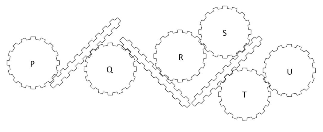 If gear 'P' is the driving gear and rotates clockwise, which of the following statements is true?