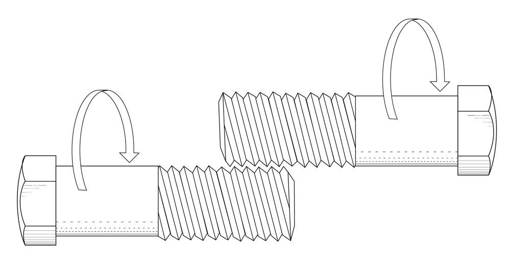 Shown below are two metal bolts. Suppose they were to be rotated (at the same rate) in the two directions as shown by the two arrows respectively, what would happen to the distance between the two bolt heads?