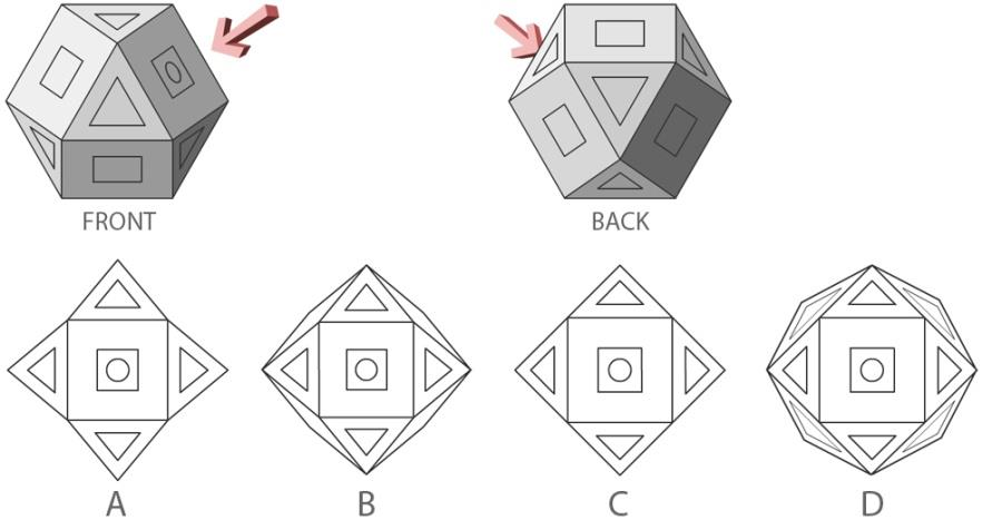 Two different views of a solid object are shown below. If viewed from a different direction as the arrows suggest, what would the view be?