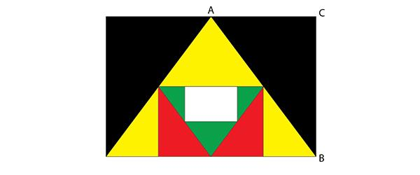 The length and breadth of the white rectangle are 6 and 4 respectively. The proportions of the outer black, middle red and inner white rectangles are the same. What is the length of the hypotenuse of triangle ABC?