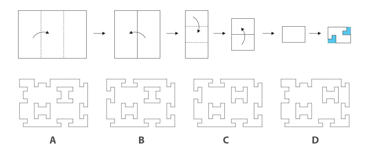 A paper is folded in the sequence shown in the image below. Blue patches are the areas that are cut out. What would the resultant figure be when the paper is unfolded?