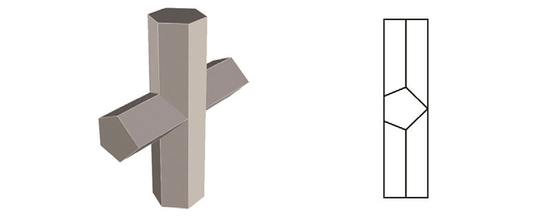 A UNION of two solids, a pentagonal prism and a hexagonal prism is shown below. The side view (on the right) depicts how the solids intersect. Visualise the new solid formed by their INTERSECTION (the part common to both of them). How many surfaces will the new solid have?