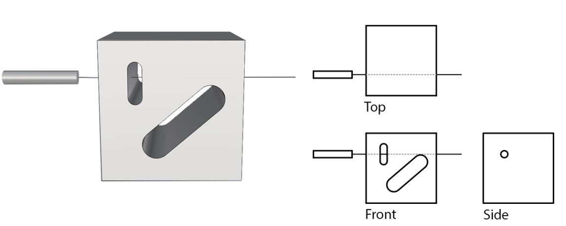 A solid is drilled using a cylindrical drill in a direction, as shown below. How many surfaces will the solid have after the drilling is complete?