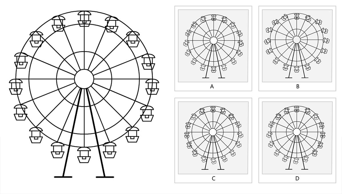 Shown below on the left is a Ferris wheel which is not in motion. A photographer has clicked a photograph of the Ferris wheel while it was rotating at its maximum speed in an anti-clockwise direction. Which of the options below is the image that he has captured?