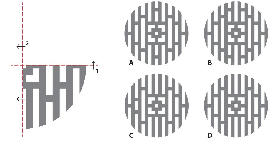 Shown is a quadrant that is mirrored first on x-axis and then on y-axis. Identify the correct complete figure from the given options.