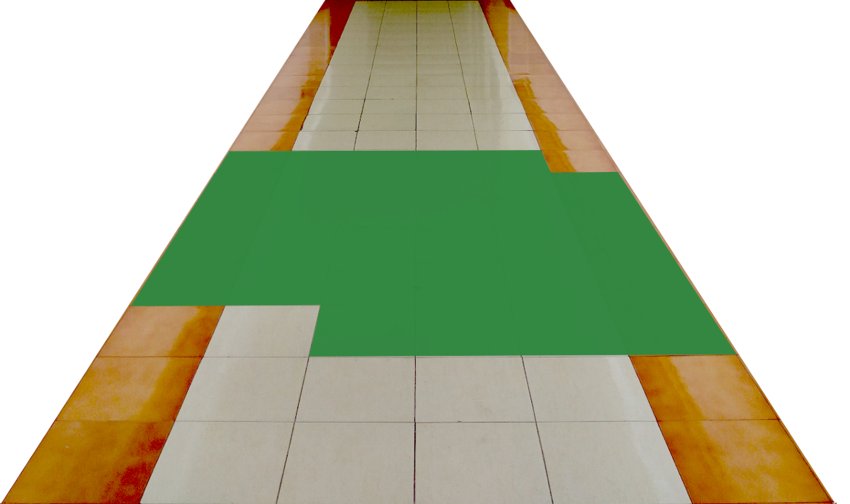 The attached image shows a corridor floor that is covered with square tiles of the same size. How many tiles are covered by the green patch?