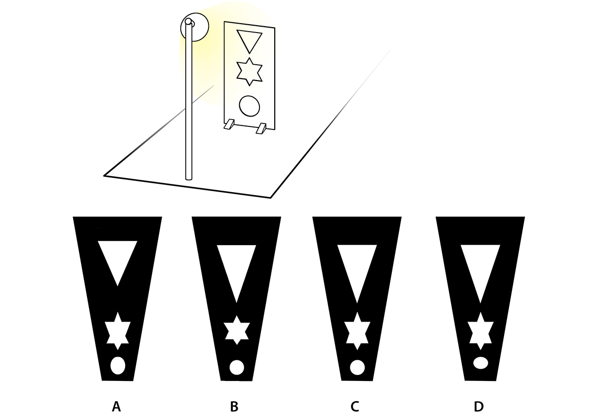 A 10 cm tall card with some cut-outs is placed on a long table in front of a lamp in a dark room as shown in the figure. The lamp is 15 cm tall and is placed 15 cm in front of the card. Which of the options shows the correct shadow cast by the card?