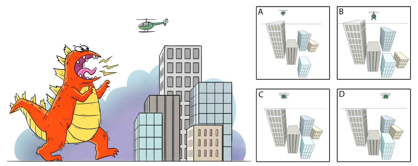 A giant creature is walking towards a group of buildings in the city. Which is the correct perspective from the creature's point-of-view?