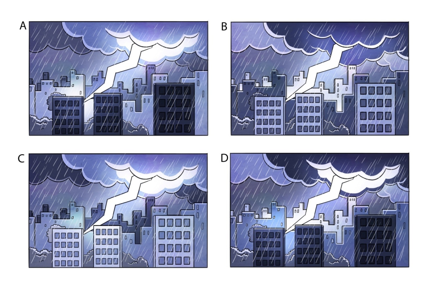 Identify the correct representation of lighting for this scene, given that the lightening strike is the only light source.