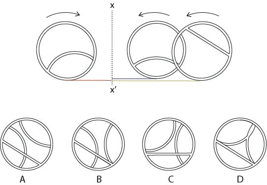 Three rings are shown in the figure. They roll in the specified directions and stop when centres of all the rings coincide at line XX'. What pattern would they make?