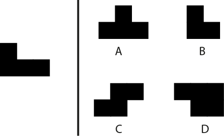 A square is cut into 4 pieces. One of the pieces is shown on the left and the remaining three are in the options. Which of the options is NOT a part of the square?