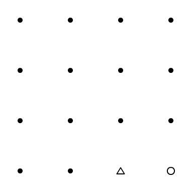 If you start from the circle and end at the triangle, what is the minimum number of straight lines required to pass through all the dots without retracing any route? You are allowed to pass through a dot more than once.
