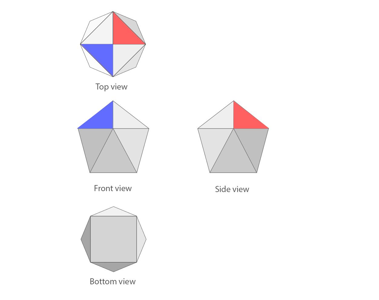 Four views of a convex solid are shown. How many surfaces does the solid have?