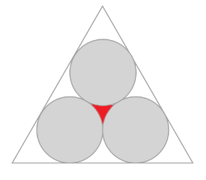 Three circles of radius 10 cm are drawn inside an equilateral triangle as shown below. The area of the red coloured region (in sq. cm., up to two decimal places) in the figure is ____.