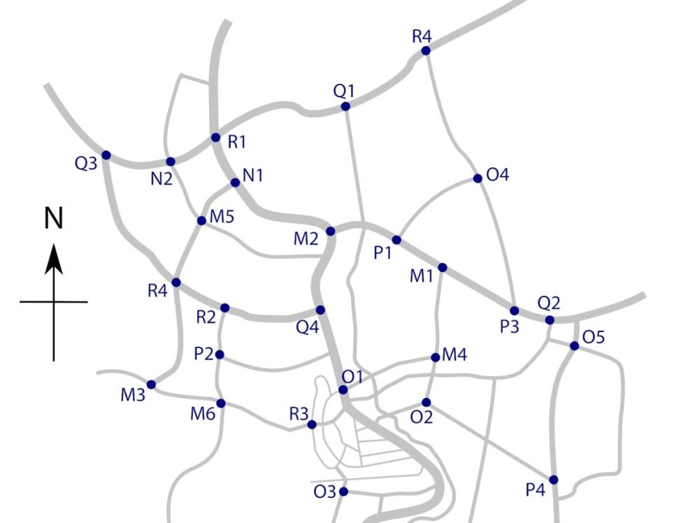 A beat policewoman is starting her midnight walk. Starting from the signal P1, she heads west and takes the second right. Thereafter, she continues her journey, taking the second left, second left, third right, third right, and after that she goes and ends her beat walk at the next signal. In the given map, some of the intersections have traffic light signals and are marked with dots. Which of the options is/are true?