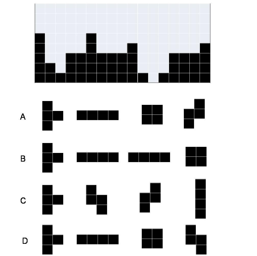 Consider the configuration in the given figure. If rotating and flipping are not allowed and pieces given in an option need not be placed in the given sequence, which combination would complete maximum number of horizontal black rows?