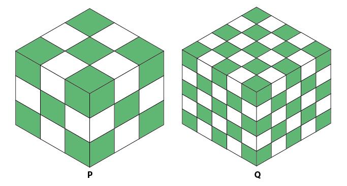 Two identical cubes P and Q are made of smaller cubes in 3×3×3 and 5×5×5 configurations, respectively as shown below. Alternate cubes are painted green and white as indicated. Identify the correct option.