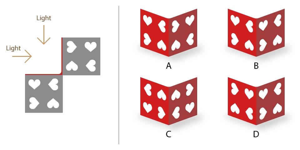 The image shows the top views of an L shaped sculpture resting on a planar ground. When light falls on it at an angle of 45 degrees from the ground in the directions marked as an arrow in the image, the corresponding shadows are formed on the ground. Which of the options is this sculpture?