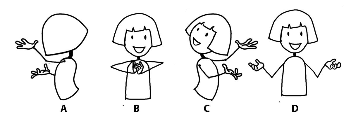 An animator was trying out options of various rough poses while planning a frame of a shot. Mirroring and silhouetting are two aspects that animators need to consider when deciding whether a pose is good or not. (The left and right side having the same pose, i.e. mirrors of one another is called Mirroring. Silhouetting refers to the shape of the pose if it was a silhouette, i.e. the outline of the pose.) Based ONLY on these two aspects, which of the options can be considered the WEAKEST pose?