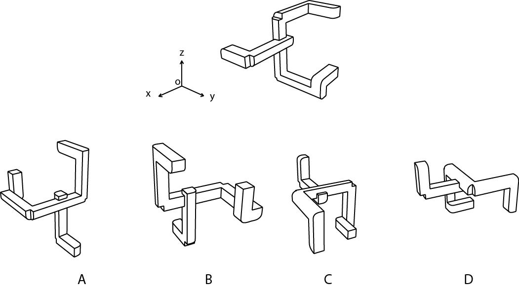 Perspective view of an object is shown. The object is rotated with respect to the fixed coordinate system as indicated: 90 degrees clockwise about x-axis, 90 degrees anti clockwise about y-axis, 90 degrees anticlockwise about z-axis. All rotations are when viewed from a point on the positive axis towards the origin. Which one of the following perspective view options will be the result of the rotations?