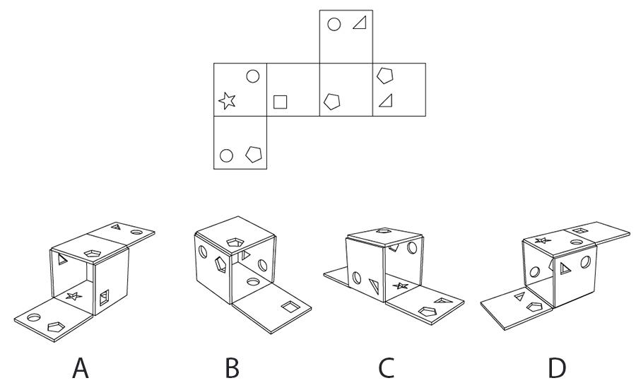 The image below shows the developed surface of a cube. Which of the options will NOT open up as the shown image?