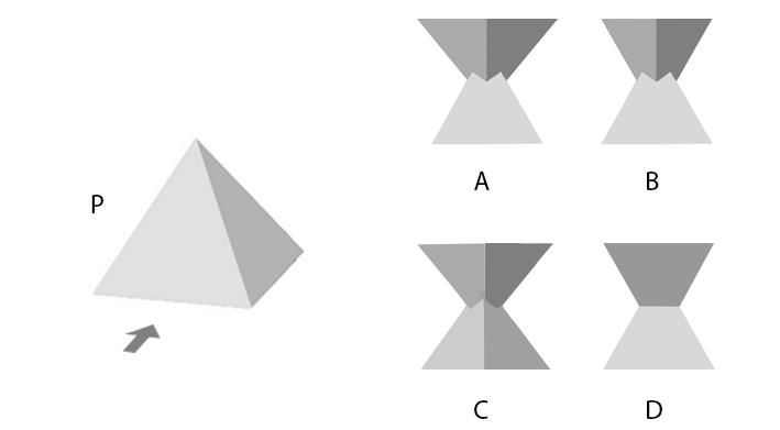 Reference image of a square pyramid, P, is provided on the left. Assume Q as an identical pyramid created by mirroring P in upward direction. Q was rotated by 135 degrees around the vertical axis and then brought down so that the two pyramids intersect. Which of the options is the resultant view as seen from the given direction arrow?
