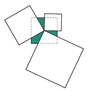 Three white squares overlap the cyan square such that one of their corners meet at the centre of the cyan square as shown in the figure. What is the ratio of the area of the shaded portion to the original cyan square?